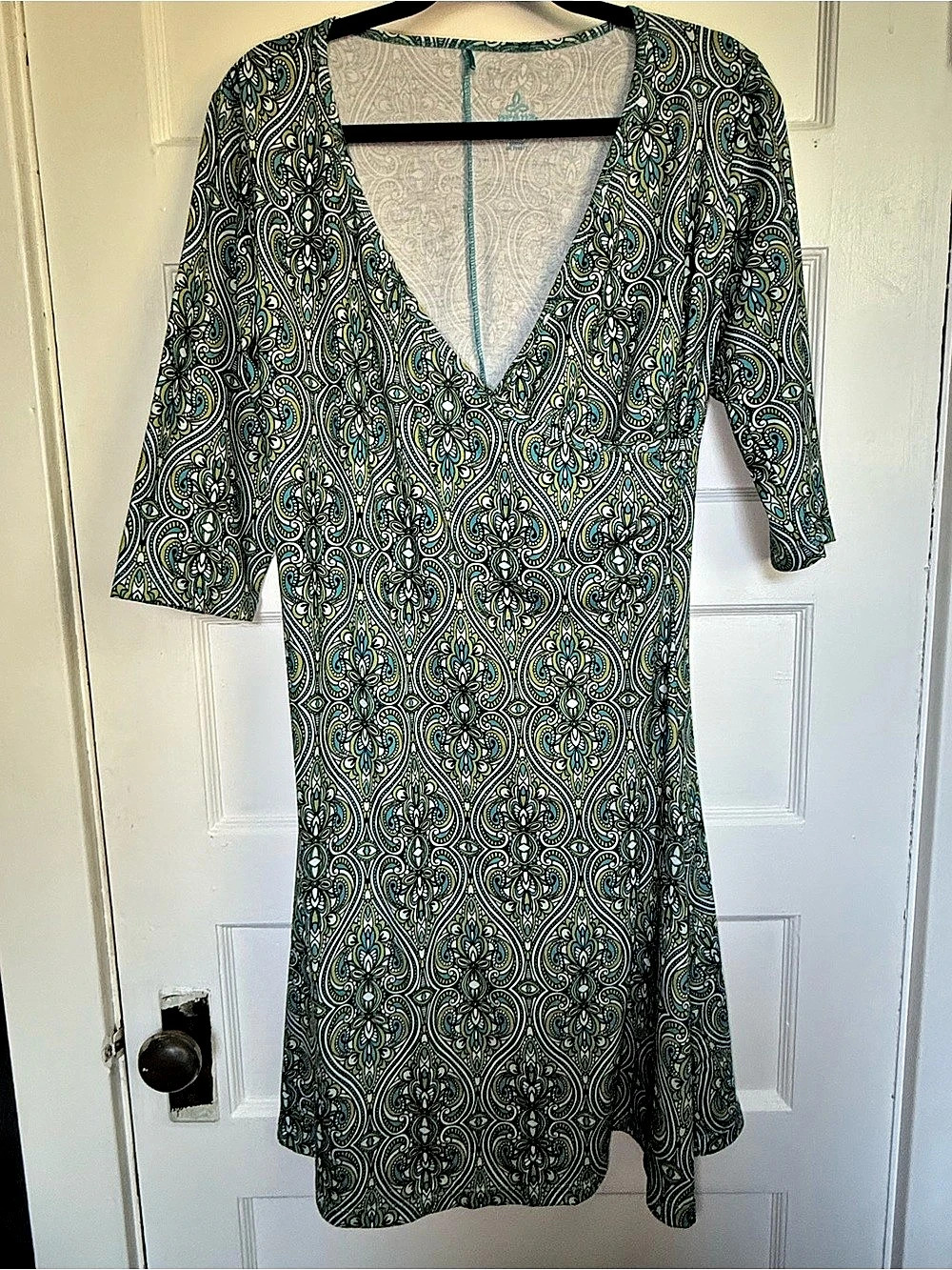 prAna Nadia Veeda V-Neck Faux Wrap 3/4 Sleeve Paisley Midi Dress Green & Blue XL